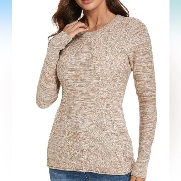 AmélieBoutik Women Cotton Blend Crewneck Long Sleeve Cable Knit Pullover Sweater - Picture 4 of 7